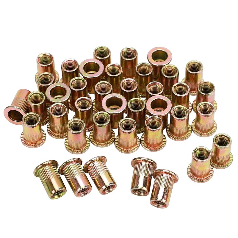PRECIHW 100pcs M6 Rivet Nuts, M6 Flat Head Rivnut Threaded Insert Nuts with Knurled Body, Metric Zinc Plated Carbon Steel Insert Nutsert for Automotive, Furniture, Decoration Brand: - Image 1